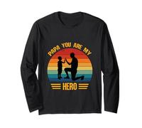 Papá, tú Eres mi héroe, Retro Sunset, Día del Padre para Papá e Hijo Manga Larga