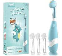 Papablic Cepillo de dientes eléctrico sónico para niños de 1 a 3 años, cepillo de dientes eléctrico para bebés con bonita cubierta de dinosaurio y temporizador LED inteligente, 4 cabezales de cepillo