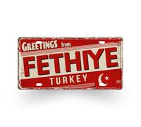 Papagaio Studio Placa Metálica Vintage Greetings from Turkey, Decoración de Pared Retro Istanbul Ankara Izmir, 30x15 cm, Efecto Envejecido Rojo y Crema, Rectangular (Fethiye)