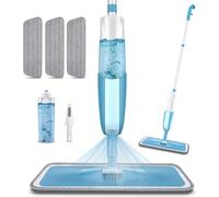 PAPCLEAN,Mopa de microfibra con 3 almohadillas reutilizables y botella recargable de 410 ml, fregona giratoria de 360 grados, adecuada para suelos de madera dura, laminado o cerámica, color azul cian