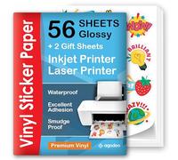 Papel adhesivo de vinilo imprimible para impresora de inyección de tinta y láser, 56 hojas, blanco brillante, hojas autoadhesivas impermeables, se seca rápidamente y colores vivos