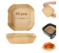 Papel Air Fryer cuadrado, 50 piezas de 16 x 16 cm para freidora de aire | Celulosa natural, borde elevado de 4,5 cm de altura, resistente al aceite y a la humedad, hasta 220 °C, para horno
