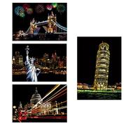 Papel artístico para rascar y dibujar, 4 piezas pintura de arco iris, vista nocturna, arte y manualidades, papel mágico con bolígrafos de madera, para niños y adultos, multicolor