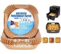 Papel Cuadrado Para Freidora Aire 4.7-8L, 20-24CM, 120 Piezas Papel Desechable Antiadherente para Horno Microondas，Accesorios Freidora Sin Aceite, Air Fryer Cuadrado (4.5-8L)