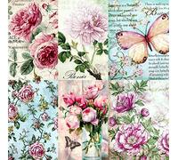 Papel de arroz de morera con temática de flores vintage, 20,5 x 26,5 cm, 6 imágenes de papel de morera impresas diferentes, 30 g/m², fibras visibles para decoupage, manualidades, collage de medios