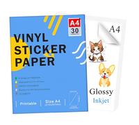 Papel de calcomanías de Brillante vinilo imprimible para impresora de inyección de tinta - Tamaño A4 (297 x 210 mm) Calcomanía autoadhesiva impermeable compatible con Cricut (30 hojas)
