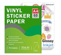 Papel de calcomanías de vinilo imprimible para impresora de inyección de tinta - Tamaño A4 (297 x 210 mm) Calcomanía autoadhesiva impermeable compatible con Cricut (Brillante, 60 hojas)