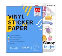 Papel de calcomanías de vinilo imprimible para impresora de inyección de tinta - Tamaño A4 (297 x 210 mm) Calcomanía autoadhesiva impermeable compatible con Cricut (Brillante, 30 hojas)