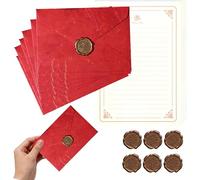 Papel de Carta con Sobres Vintage - Set Completo 6 Sobres + 20 Hojas A5 14,5x21cm + 6 Sellos Decorativos - Escribir Cartas Románticas, Invitaciones de Boda y Eventos (Rojo)