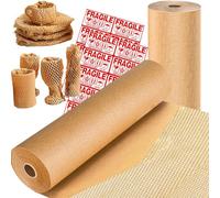 Papel de embalaje de panal, 15 x 164 pies, reciclable, suministros de envoltura en movimiento, sustituto de materiales de rollo de envoltura de amortiguación de burbujas con 12 calcomanías frágiles