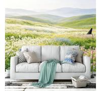 Papel De Pared Mural De Pared Con Paisaje Natural De Flores Silvestres En 3D Panorámico Verde De Prado Con Fotomural Para Sala De Estar Dormitorio Y Decoración Del Hogar 100 × 70 Cm (Ancho × Alt