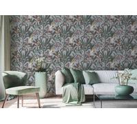 Papel de Pared Pintado Selva Con Kakadu Im Aspecto Retro - Gris, Azul, Verde