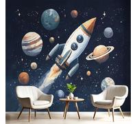 Papel de Pared Seda 200 x 140cm - Papel Pintado de Pared Cohetes Planetas Fotomurales XXL Espacio Exploración Decorativos Murales para Dormitorio Sala Oficina, Azul Naranja