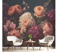 Papel de Pared Seda 300 x 210cm - Papel Pintado de Pared Romántico Flores Fotomurales XXL Rosas Hortensias Decorativos Murales para Dormitorio Sala Oficina, Rosa Naranja