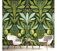 Papel de Pared Seda 300x210cm - Papel Pintado de Pared Hoja De Olivo Vintage Fotomurales XXL Art Nouveau Decorativos Murales para Dormitorio Sala Oficina, Verde Oliva