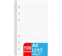 Papel de recambio con rayas A6, 100 hojas/200 páginas de papel de hojas sueltas para carpetas Filofax, 6 agujeros perforados, papel de relleno blanco rayado de 100 g/m², 9,5 x 17,1 cm
