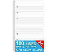 Papel de recambio - Papel rayado A6 para agenda personal Filofax, páginas a rayas blancas de 100 g/m², 6 agujeros perforados, 100 hojas/200 páginas, 9,5 x 17,1 cm