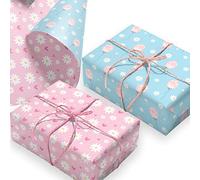 Papel de regalo. 4 hojas grandes con diseño de manzanilla rosa y azul. Papel de regalo reciclable para cualquier ocasión. Fabricado en el Reino Unido por Ruby Ashley®