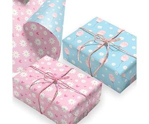 Papel de regalo. 4 hojas grandes con diseño de manzanilla rosa y azul. Papel de regalo reciclable para cualquier ocasión. Fabricado en el Reino Unido por Ruby Ashley®