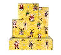 Papel de regalo amarillo de Navidad, 4 hojas de Papá Noel, alce, cantante, banda de música rock, papel de regalo con temática musical, papel de regalo para Navidad, hombres, mujeres, niños y niñas
