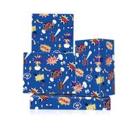 Papel de regalo con temática de cómic azul, ZAP! KAPOW! ¡POW! WHAM! BAM! Impresión plegada plana 4 hojas de arte para mujeres y hombres, cumpleaños, baby shower, vacaciones, fiesta, regalo, embalaje