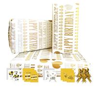 Papel De Regalo Cumpleaños 85 * 60cm - 4 Hojas Con Cuerda De Mariposa Oro, 2 Tarjeta Felicitation, 4 Etiquetas Para Niña, Niño, Mujeres, Hombres, Mamá, Papá