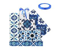 Papel de regalo de azulejos de cerámica de mosaico marroquí, 6 diseños de motivos geométricos marroquíes blancos y azules, papel de regalo vintage plegado con cinta para festival Eid ul-Fitr