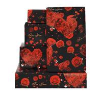 Papel de regalo de boda, papel de regalo floral de rosas de corazón negro y rojo, 4 hojas plegadas para despedida de soltera, aniversario, día de San Valentín, cumpleaños, mujeres, día de la madre,