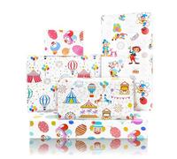 Papel de regalo de canival, 8 hojas en 4 diseños, ruedas de noria de payaso acrobático, tienda de campaña de globos, impresión en papel de arte blanco, bonito papel de regalo con patrón de circo para