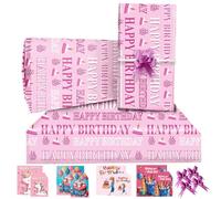 Papel de regalo de cumpleaños, 4 papeles de regalo rosados de 85 x 60 cm con 4 lazos, 2 tarjetas, 4 etiquetas, paquete de papel de regalo para niños, bebés, mujeres, hombres en cumpleaños