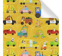 Papel de regalo de cumpleaños para niños, niñas, niños, diseño de transporte de animales, papel de regalo para cumpleaños, baby shower, coche de policía, autobús, camión, lindos animales de dibujos