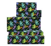 Papel de regalo de dragón para niños - Verde, morado y azul - 6 hojas para cumpleaños, Navidad, baby shower y bautismo - Incluye etiquetas - Para niños, niñas, hijos e hijas