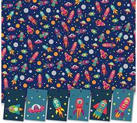 Papel de regalo de feliz cumpleaños. Papel de regalo de nave espacial. 5 hojas XL (50 x 70 cm). Para niños o niñas. Papel de regalo con etiquetas a juego. Cuadrícula de corte en el reverso. Fabricado