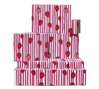 Papel de regalo de fresa - 6 hojas de papel de regalo - Fresas - Patrón de rayas rosas y blancas - Papel de regalo para niñas - Viene con pegatinas - Reciclable - Por Central 23