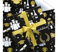 Papel de regalo de graduación 2024, 6 hojas de papel de regalo negro y dorado, 50 x 70 cm por hoja, plegado con 1 rollo de cinta dorada para celebraciones de fiesta de graduación