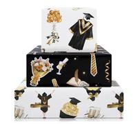 Papel de regalo de graduación, 6 hojas de 50 x 70 cm, diseños clásicos en negro, dorado y blanco con gorra de graduación, oso, champán, diploma, elegante papel de regalo para celebraciones de
