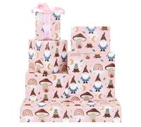 Papel de regalo de hongos, lindo gnomo, rana, arco iris, setas, casa, papel de regalo, papel de arte de cuento de hadas Forset, plegado plano con lazo rosa para niños, cumpleaños, baby shower, fiesta,