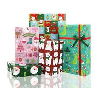 Papel de regalo de Navidad, 5 diseños de dibujos animados, Papá Noel, oso, muñeco de nieve, pingüino, dinosaurio, papel de regalo con cintas rojas y verdes, para familiares, amigos, niños, niñas en