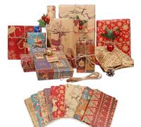 Papel de regalo de Navidad, paquete de 12 papel kraft reciclable de 70 x 50 cm en hojas plegadas con 10 diseños únicos (cuerda de yute de 16 pies y 10 etiquetas)