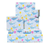 Papel de regalo de tiburón - 6 hojas de papel de regalo azul para mujer - Regalos y globos - Papel de regalo de cumpleaños para niñas - Viene con pegatinas - Por Central 23