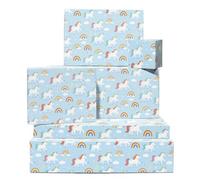 Papel de regalo de unicornio - 6 hojas de papel de regalo para niños y niñas cumpleaños o Navidad - Impresión mágica de fiesta arcoíris nubes y estrellas - Fantasía azul pastel - Viene con etiquetas