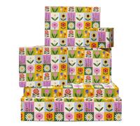 Papel de regalo floral retro - 6 hojas de papel de regalo para mujer - Cumpleaños, boda, Navidad, primavera, tema - Flores coloridas a cuadros en patrón de cuadrícula - Reciclable - Viene con