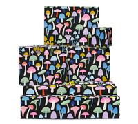 Papel de regalo hongo - 6 hojas de papel de regalo de cumpleaños para mujer - Hongos brillantes sobre fondo negro - Halloween - Viene con pegatinas - Reciclable - Por Central 23