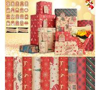 Papel de Regalo Navidad Infantil 70 x 50 cm 10 Hojas, Papel Envolver Con 20 Etiquetas y 2 Cuerda de Yute, Papel Kraft Rojo para Cumpleaños