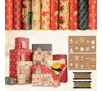 Papel de Regalo Navidad Kraft, Juego de 10 Hojas de 70 cm x 50 cm con 20 Etiquetas para Regalos, 2 Cordeles de Yute, Papel de Regalo Navideño para Mujeres, Hombres, Niñas y Niños.