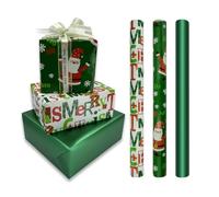 Papel de Regalo Navideño - 3 Rollos de 43 cm x 3 m Verde Con Estampado de Papá Noel y Copos de Nieve Para Navidad, Cumpleaños, Bodas, Fiestas y Festivales