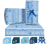Papel De Regalo，Papel De Regalo Cumpleaños 85 * 60cm 4 Hojas 4 Cuerda De Mariposa Azul,4 Tarjeta Felicitation,4 Etiquetas ，Papel Regalo Para Niña,Niño,Mujeres,Hombres, Mamá, Papá