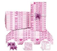 Papel De Regalo,Papel De Regalo Cumpleaños 85 * 60cm 4 Hojas 4 Cuerda De Mariposa Rosa,2 Tarjeta Felicitation,4 Etiquetas ,Papel Regalo Para Niña,Niño,Mujeres,Hombres, Mamá, Papá