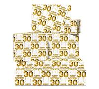 Papel de regalo para 30 cumpleaños - 6 hojas de papel de regalo y etiquetas - Edad 30 Treinta - Blanco dorado - Papel de regalo para hombre - Regalo de cumpleaños para mujer - Por Central 23