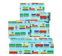 Papel de regalo para bebé niño, ideal para cumpleaños, Navidad y baby shower 6 hojas Trenes bonitos, colores azul, rojo y amarillo Incluye etiquetas Reciclable
